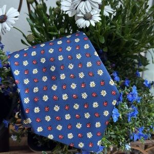 Silk tie daisies and ladybugs Floral Blue Tie